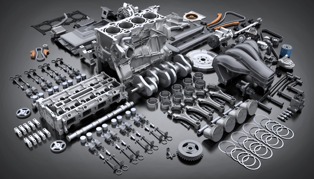 Car,Engine,Disassembled.,Many,Motor,Parts.,3d,Illustration